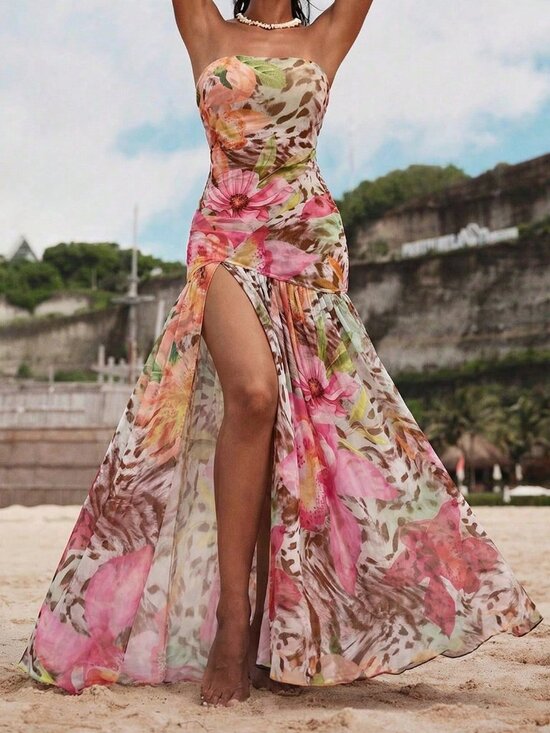 Dresses & Skirts - Multicolor Party Women's Floral And Leopard Print Mesh Strapless Bodycon Dress